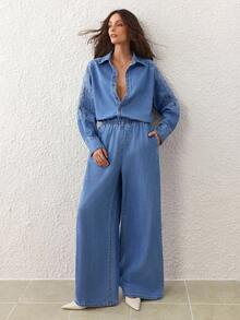 Selenza 女式撞色蕾丝长袖单排扣衬衫和牛仔裤休闲套装 - 藍色 - 查看 5