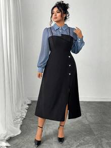 SHEIN Elenzya Plus Size Women's Color Block Long Sleeve Fitted A-Line Asymmetric Hem 2 In 1 Elegant Commuter Maxi Shirt Dress Fall Cloth For Women