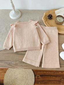 SHEIN Ensemble cardigan et pantalon de couleur unie pour bébé fille - Kaki - Voir 2