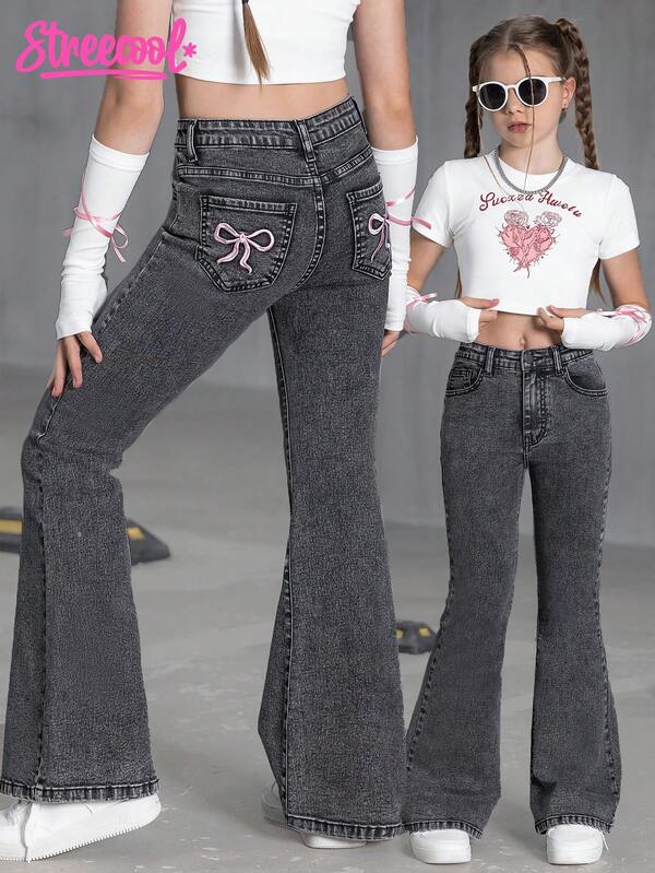 SHEIN Streecool Kids Tween Girl Casual Simple & Cute Sweet Elegant Pocket Design Pink Bowknot Embroidered Flare Jeans,Holiday,Summer,Travel Summer Holiday