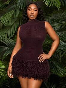 SHEIN SXY Plus Size Women's Dark Purple Autumn Elegant Coffee Brown Stand Collar Sleeveless Hollow Out Fringe Mini Bodycon Knit Crochet Tassel Dress Fall - Coffee Brown - View 5