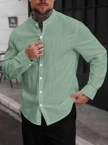 Manfinity CasualCool Áo sơ mi nam tay dài đơn giản, tối giản, màu trơn - Màu xanh Bạc hà - Xem 4