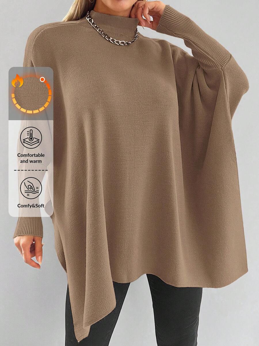 EURMUSE Mock Neck Batwing Sleeve Asymmetrical Hem Sweater - Camel - View 1