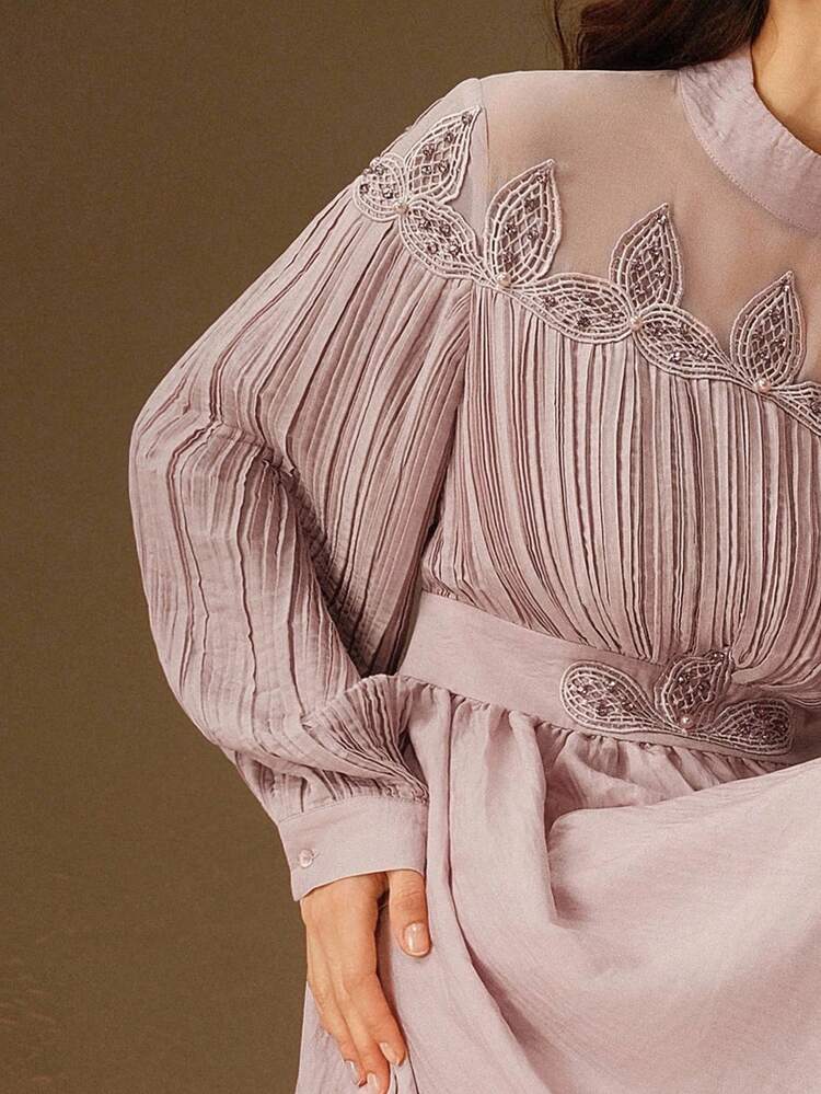 Anewsta Elegant Stand Collar Long Sleeve Lace Ruffle Beaded Pleated A-Line Dress For Women, Autumn