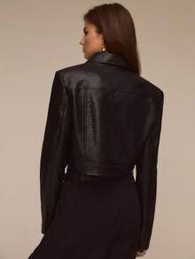 ATUI Studio Women's Casual Loose Long Sleeve Black Faux Leather Jacket, Autumn/Winter Fabric Off-Shoulder Zip-Up PU Leather Jacket,Winter Clothes For Women