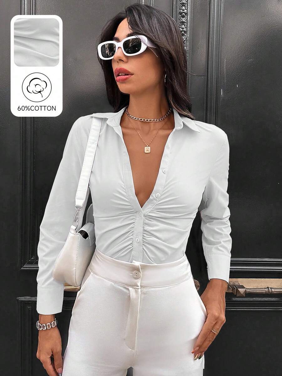 EURMUSE Cotton Solid Ruched Button Front Shirt - White - View 1
