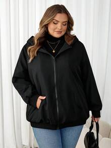 SHEIN CURVE+ Plus Teddy 内衬拉链连帽夹克，适合冬季