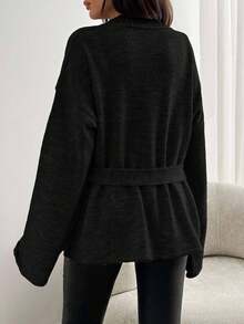 EURMUSE 女士纯色落肩长袖宽松打结腰部休闲开衫 - 黑色 - 查看 2