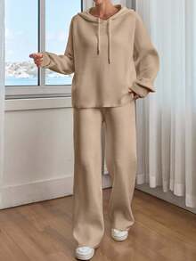 SHEIN Women Solid Color Drop Shoulder Hooded Pullover & Sweater Pants Set Linen