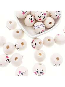 20/40/50 件 20 毫米圆形木珠，可爱脸型设计（5/20/40 件） - 天然莲花木工艺珠，适用于 DIY 珠宝制作配件、秋季装饰、圣诞装饰，适合男孩背包、万圣节、学校背包。透明背包、学校、万圣节服装。 - 米色 - 查看 2