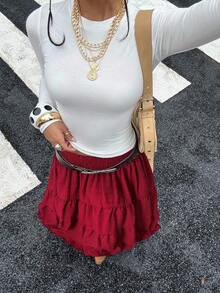 MainGRL Women's Wine Red Pleated Waist Ruffle Hem A-Line Skirt Red Maxi Skirt Burgundy Skirt Modest Skirts Red Long Skirt - Burgundy - View 6