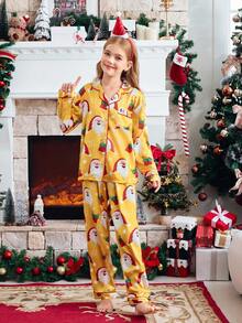 FamilyFrolics Tween Girl Cute Santa Claus Print Long Sleeve Button-Up Top And Pants Pajama Set, Christmas