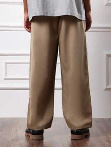 SUMWON Crop Fit Wide Leg Pleated Chino Trousers Vintage Style Tailored Pants Straight Cut Classic Business Casual Bottoms Fall Winter Collection - Khaki - View 2