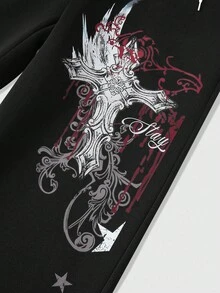 ROMWE MEN Goth Conjunto de chándal casual con sudadera con capucha y pantalones con estampado de letras y cruces para hombre en otoño - Negro - Ver 4