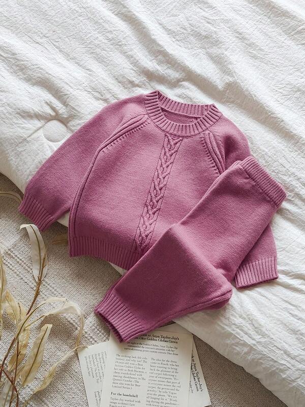 SHEIN Vintaside Kids 2pcs Baby Girls Knitted Crew Neck Long Sleeve Sweater And Pants Set, Fashion Stylish Knitwear Outfit Suitable For Autumn/Winter, Versatile For Daily Wear, Indoor, Outdoor, Travel Fall