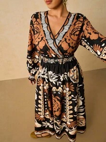 SHEIN VCAY 大码秋季服装全印花褶皱豹纹长袖连衣裙/秋季连衣裙/秋季女装秋季婚礼宾客连衣裙优雅女士连衣裙商务休闲女士工作连衣裙商务连衣裙 - 彩色 - 查看 7