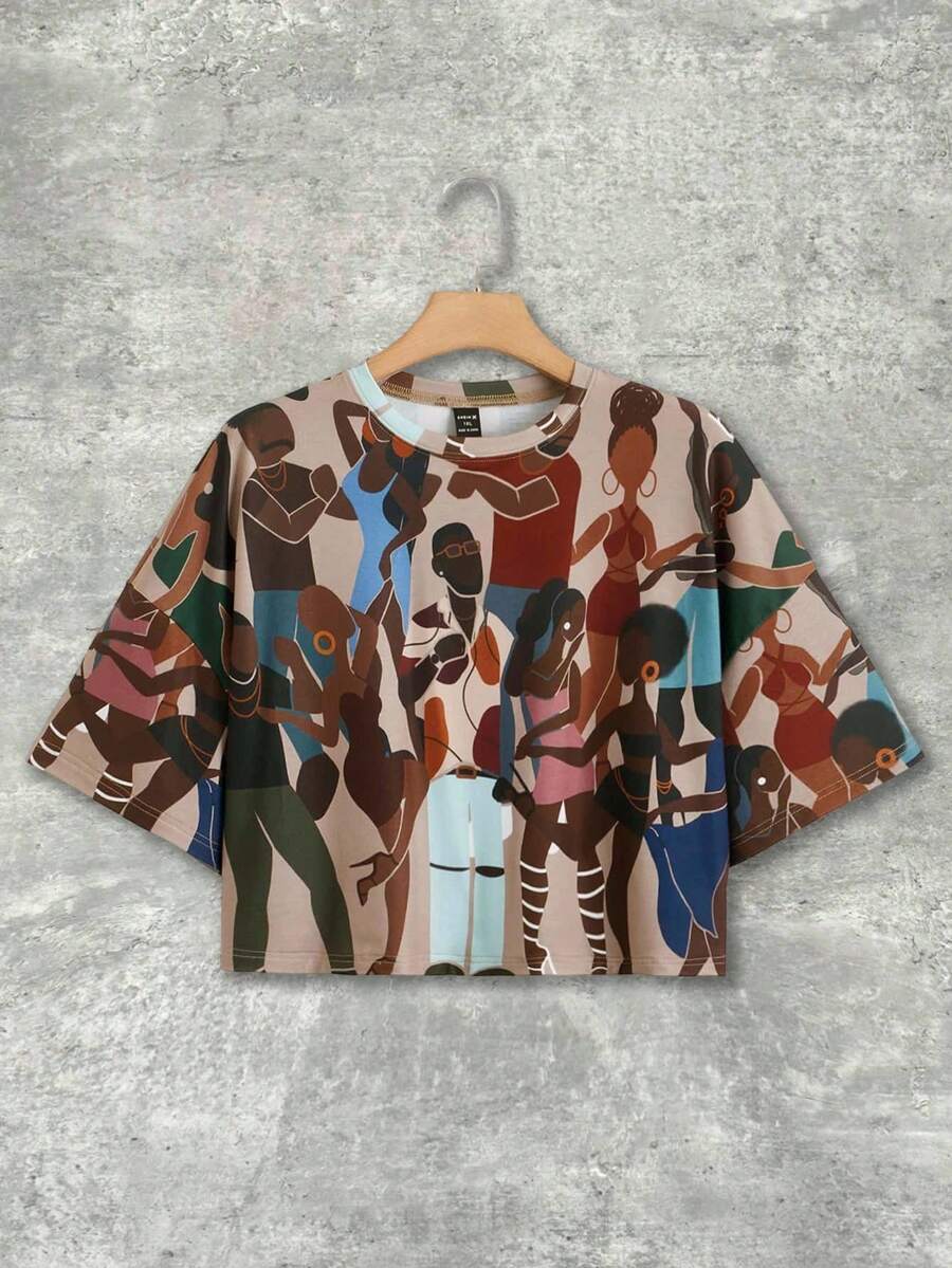 Y2Kool Sierra Siler Artist Retro Street Figure Graphic Drop Shoulder Crop Tee, For Summer, Holiday, Vacation, Spring, Festival, Ibiza Fits Going Out Autumn Casual - Multicolor - View 1