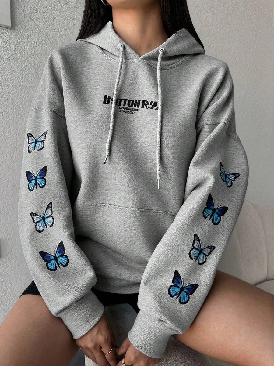 RueChic Women's Autumn/Winter Letter & Butterfly Print Drop Shoulder Hooded Sweatshirt With Drawstring - Light Grey - View 1
