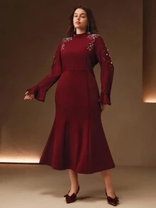 Anewsta Plus Size Women Elegant Party Rhinestone Decor Midi Fishtail Dress - Red - View 5
