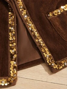 Aveloria Rosie 女士优雅亮片和亮片装饰夹克，带按扣，高端秋冬 - 棕色 - 查看 6