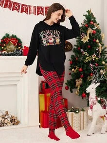 SHEIN Women's Simple Fashion Christmas Pattern Long Sleeve Hoodie And Pants 2 Pieces Set - Black - View 1