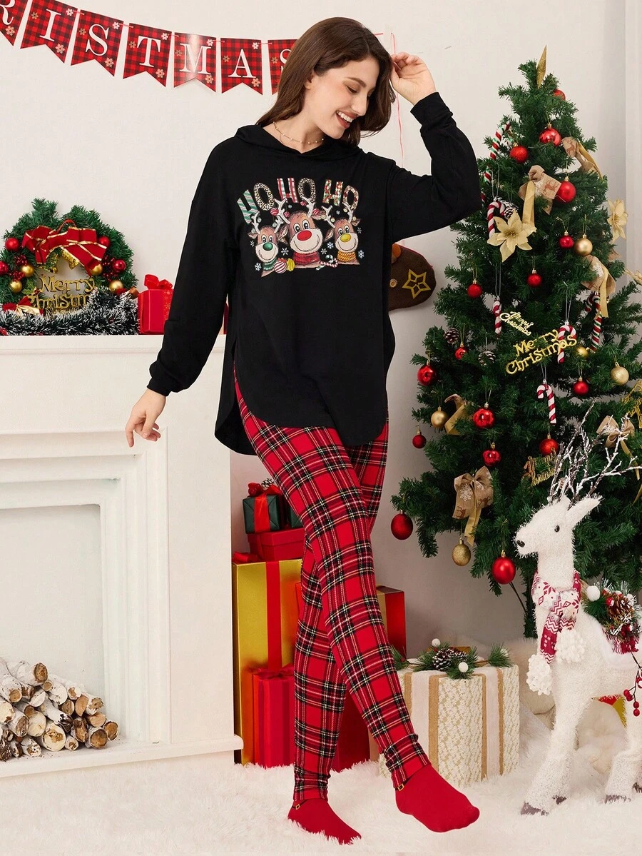 SHEIN Women's Simple Fashion Christmas Pattern Long Sleeve Hoodie And Pants 2 Pieces Set - Black - View 1
