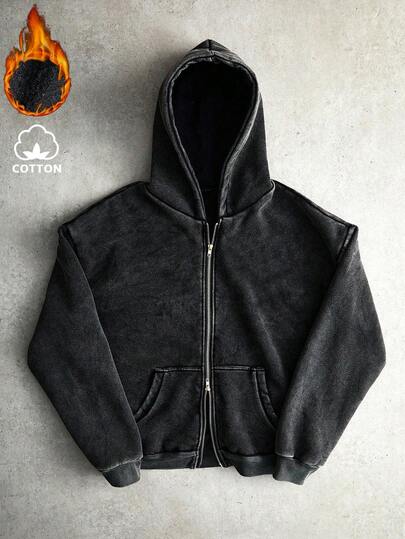 STYNVO Manfinity Streetrush 男士街头风流行款 INS 同色系水洗复古暗黑哥特风休闲街头服饰，男友/老公礼物，周年纪念礼物，时尚拉链黑色水洗保暖连帽衫，秋冬款