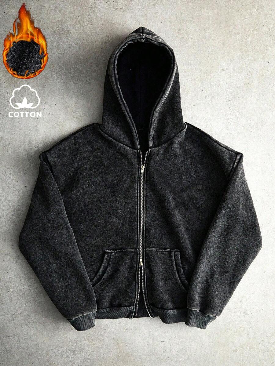 STYNVO Manfinity Streetrush 男士街头风流行款 INS 同色系水洗复古暗黑哥特风休闲街头服饰，男友/老公礼物，周年纪念礼物，时尚拉链黑色水洗保暖连帽衫，秋冬款 - 黑色 - 查看 1