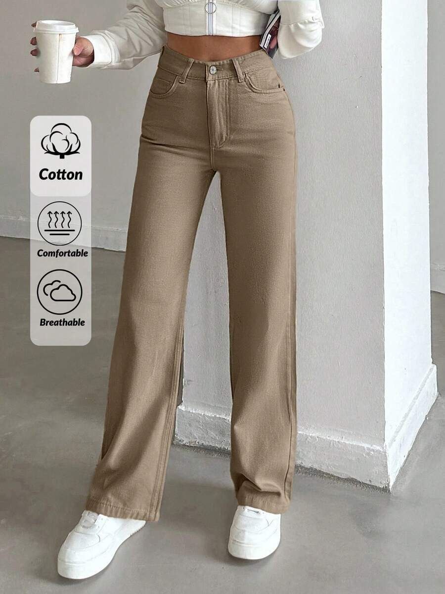 SHEIN Tall HIGH RISE BEIGE WIDE LEG TALL SIZE JEAN - Mocha Brown - View 1