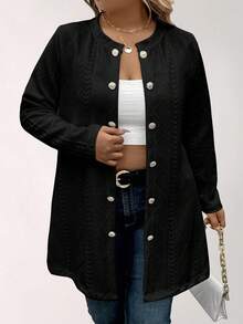 SHEIN LUNE Plus Size Solid Color Button Decor Long Sleeve Knit Cardigan Fall - Black - View 1
