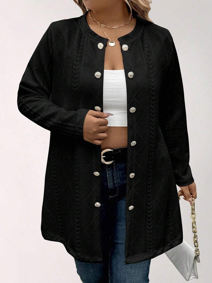 SHEIN LUNE Plus Size Solid Color Button Decor Long Sleeve Knit Cardigan Fall - Black - View 1