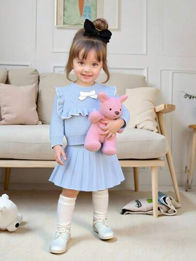 SHEIN Playful Pals Baby Mädchen Mode süßes vielseitiges Schleife Plissee Rock Pullover Set, Oberbekleidung