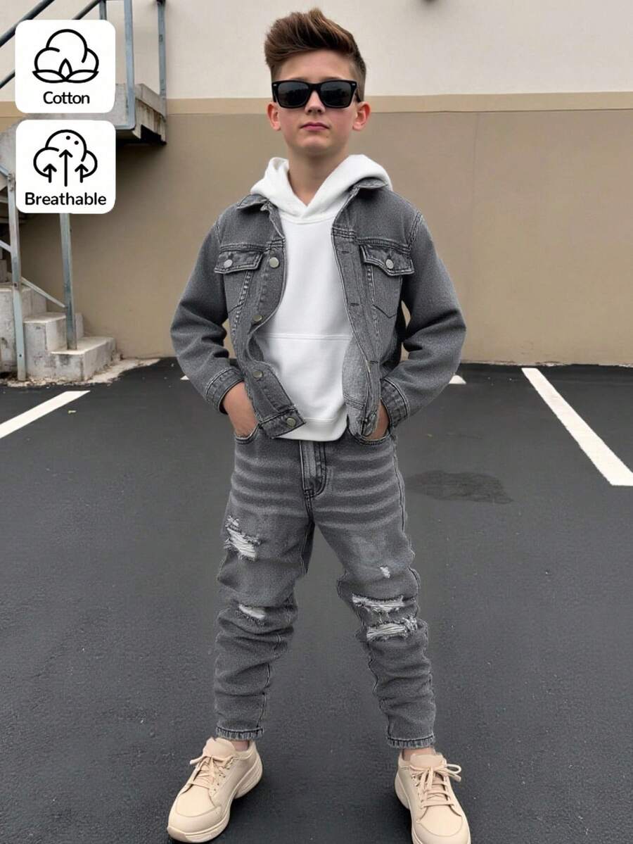 SHEIN Tween Boys' Casual Versatile All-Match Vintage Distressed Washed Comfortable Denim Set, Suitable For Daily Wear, New Arrival 2024 Fall Winter - Grey - View 1