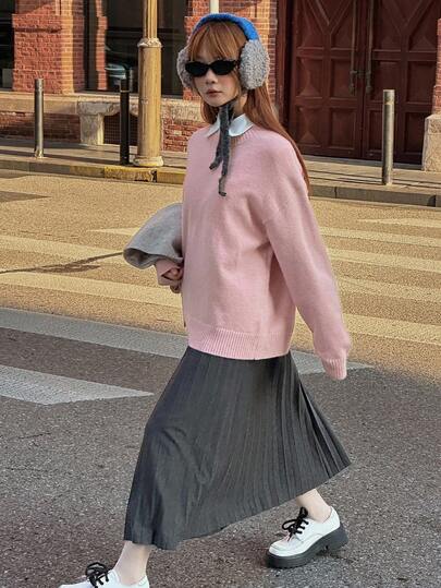 DAZY Youth Girls' Solid Color Minimalist Everyday Crew Neck Long Sleeve Sweater