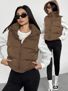 SHEIN Sparklyn 青少年女孩休闲百搭百搭日常保暖秋冬短款连帽棉衣背心 - 棕色 - 查看 5