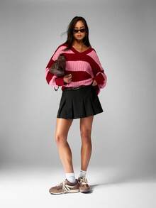 MISSGUIDED Áo len dệt kim cáp cỡ lớn cổ chữ V phối màu thời trang thu đông cổ điển Y2K phong cách học sinh trung học, áo chui đầu kẻ sọc rộng rãi, mặc thường ngày - Nhiều màu - Xem 4