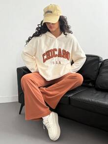 Set de 2 piezas: Sudadera holgada con cordón y textura de franela de unicolor con bordado + Pantalones acampanados de felpa, conjunto informal de otoño/invierno para adolescentes - Albaricoque - Ver 8