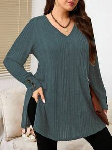 EMERY ROSE Áo thun tay dài cổ chữ V màu trơn dáng rộng thoải mái cho nữ cỡ lớn - Màu xanh bụi bặm - Xem 3