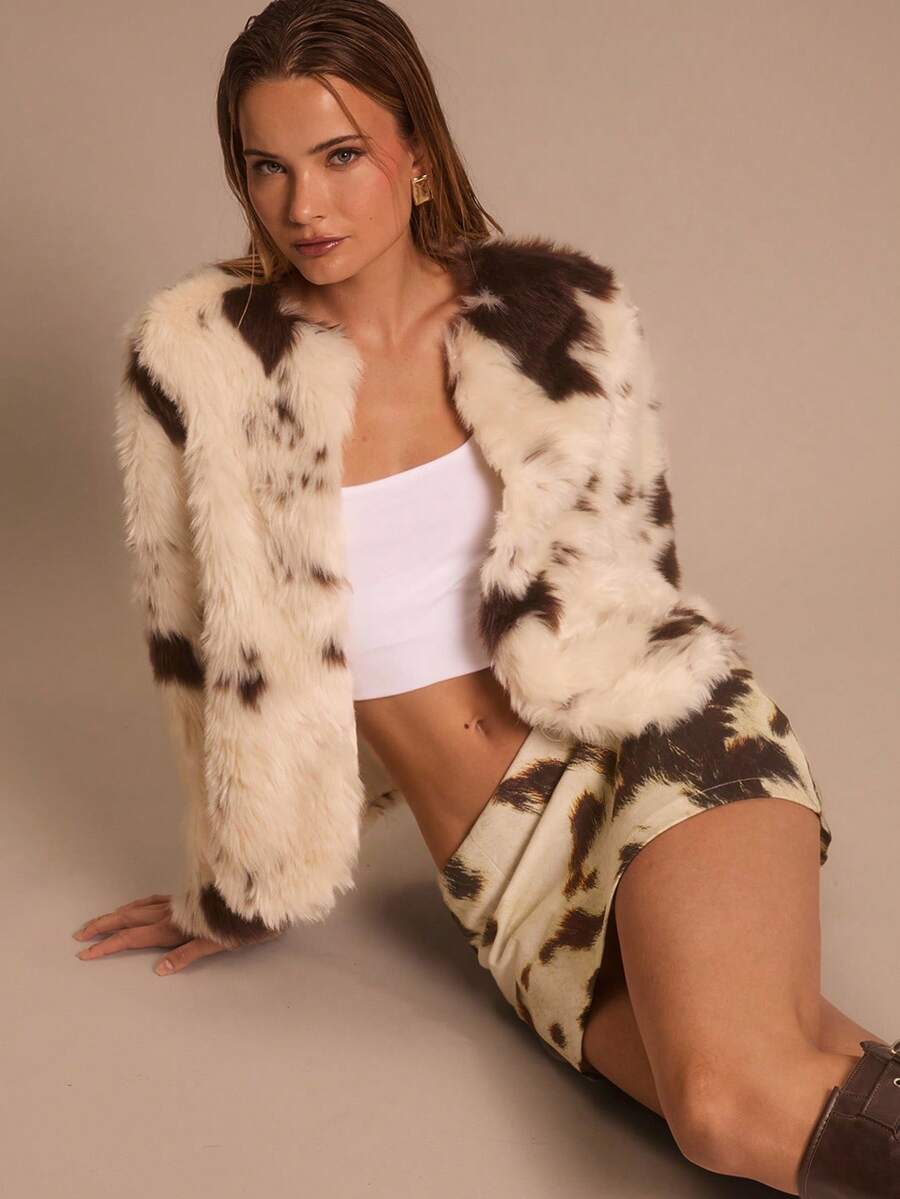 Glamine Women's Milk Texture Round Neck Short Loose Fluffy Long Sleeve Fashionable Casual Jacket, Autumn/Winter - Multicolor - View 1