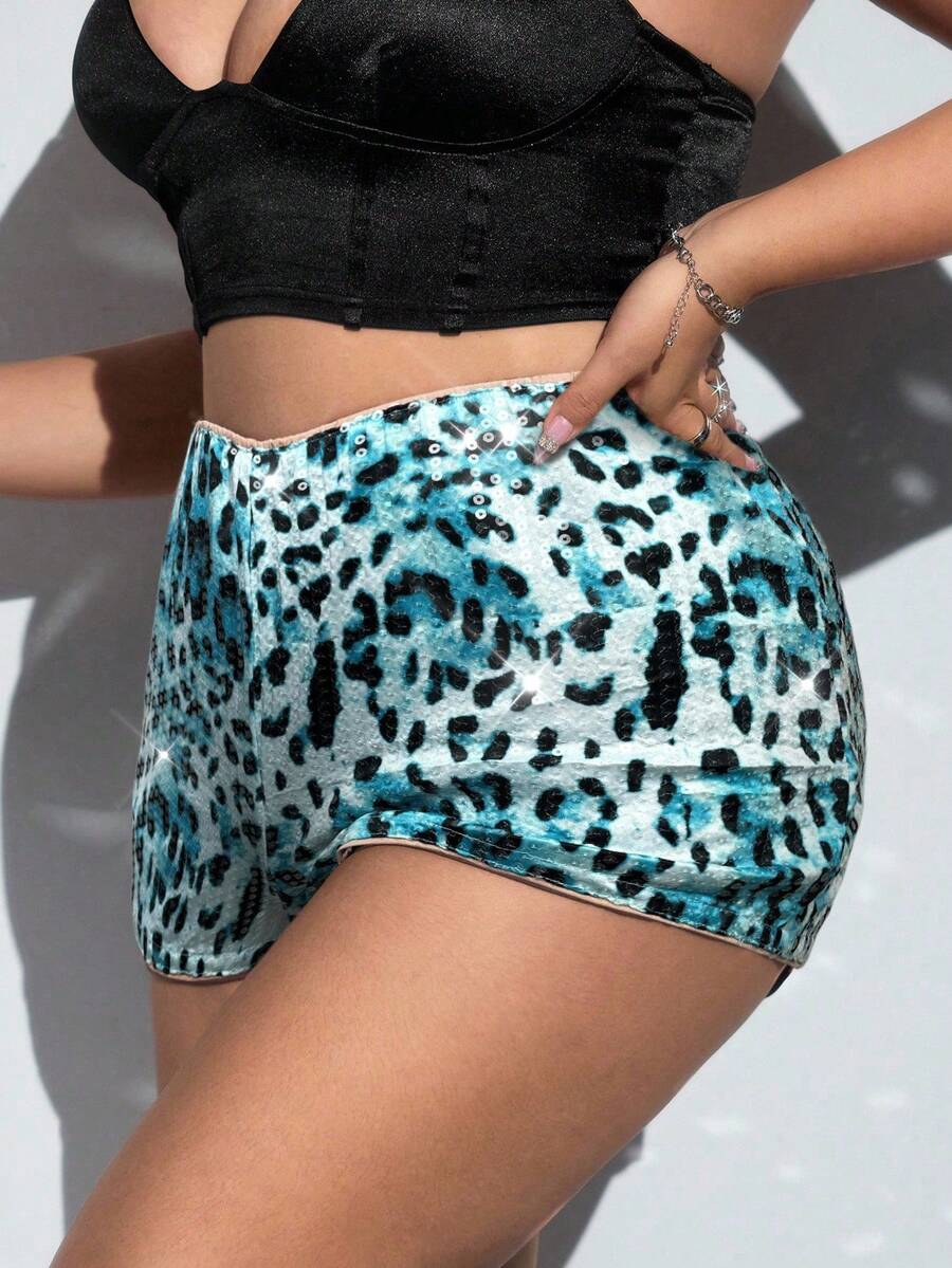 SHEIN ICON Plus Size Shiny Sequin Sexy Leopard Print Super Short Shorts