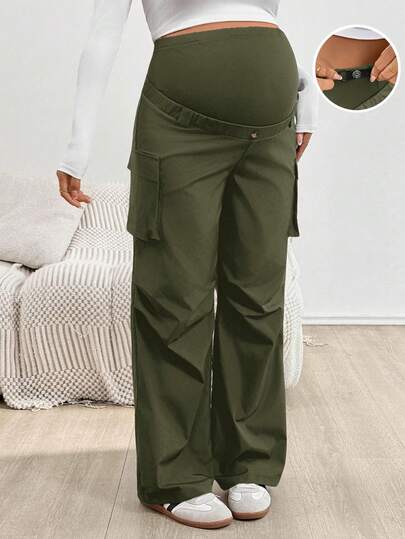 SHEIN Maternity Solid Color Adjustable Waist Cargo Pocket Pleated Casual Pants Olive Green Pants Fold Over Pants Maternity Clothes Pants Pregnancy Pants