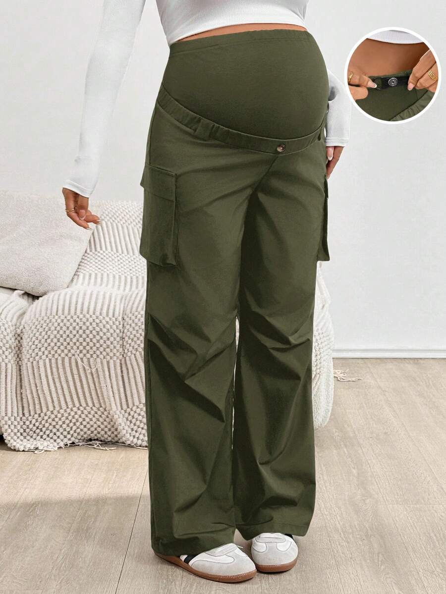 SHEIN Maternity Solid Color Adjustable Waist Cargo Pocket Pleated Casual Pants Olive Green Pants Fold Over Pants Maternity Clothes Pants Pregnancy Pants