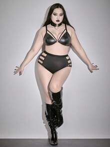 ROMWE Grunge Punk Große Größen Triangel-BH mit herzförmiger Metall-Schnalle und PU Material - Schwarz - Übersicht 6