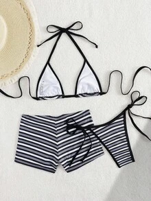 SHEIN Swim 3pcs/Set Women's Sexy Summer Vacation Rainbow Stripe Print With Trim Contrast Color Bikini Set