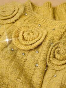 Travachic Plus Size Elegant 3D Floral Rhinestone Decor Cold Shoulder Sweater Autumn Winter - Yellow - View 9