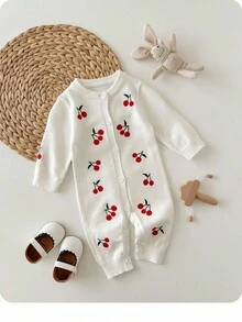 SHEIN Newborn Cherry Print Knitted Romper In Fall/Winter