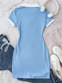 Teen Girls Blue And White Casual Personalized Contrast Collar Ribbed Knit Buttons Snug Fit Dress, Summer Dresses, Butterfly Embroidery - Baby Blue - View 2