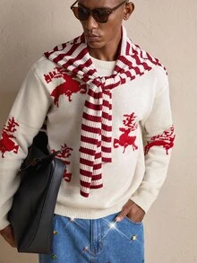 AKNOTIC Maglione casual da uomo a girocollo, maniche lunghe, con motivo a renne, adatto per l'autunno/inverno, Natale