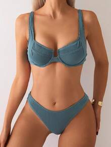 SHEIN Swim Bộ bikini sọc gợi cảm dành cho nữ, Đồ bơi đi nghỉ - Màu xanh lá cây đậm - Xem 3