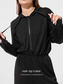 GLOWMODE 24" Everyday Terry Elastic Waist Butt-Lifting Zip-Up Hoodie Jumpsuit Bodysuit With Side Pockets Daily Casual Wear - Black - View 4